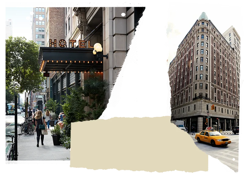 Street-level view of Ace Hotel New York, with its illuminated 'HOTEL' marquee, a lively Manhattan street scene with passersby, and the yellow taxi in motion.