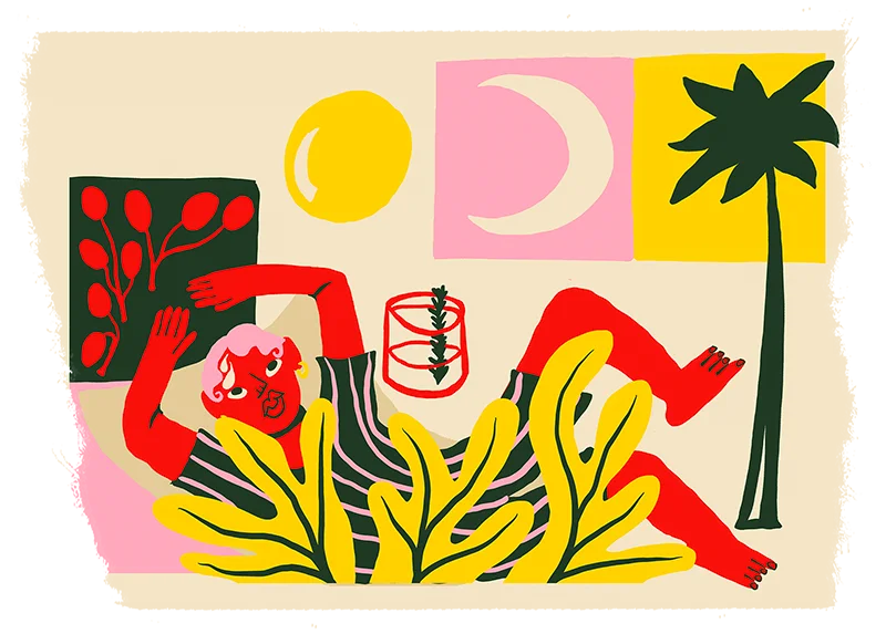 Colorful 'Sunny Side' poster by artist Corey Wash, depicting a relaxed figure reclining among abstract tropical leaves, with a whimsical representation of the sun and moon in bold shapes and vivid colors.