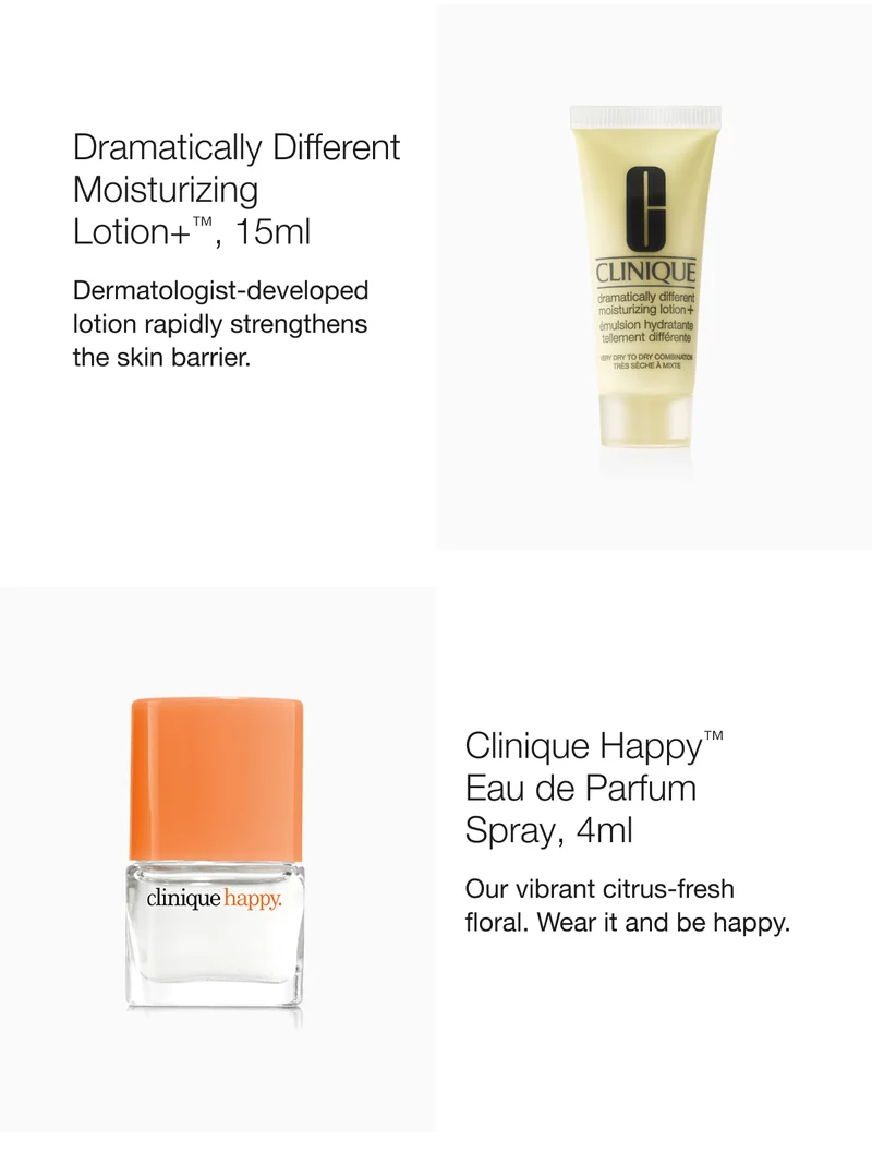 Dramatically Different Moisturizing Lotion+™, 15ml  | Dermatologist-developed lotion rapidly strengthens the skin barrier. | Clinique Happy™ Eau de Parfum Spray, 4ml | Our vibrant citrus-fresh floral. Wear it and be happy.