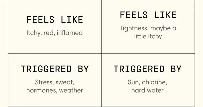 Feels like: Itchy, red, inflamed Feels like: Tightness, maybe a little tingly Triggered by: Stress, sweat, hormones, weather Triggered by: Sun, chlorine, hard water