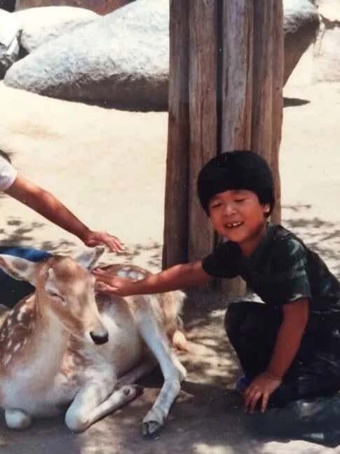 A picture of child petting a deer.
