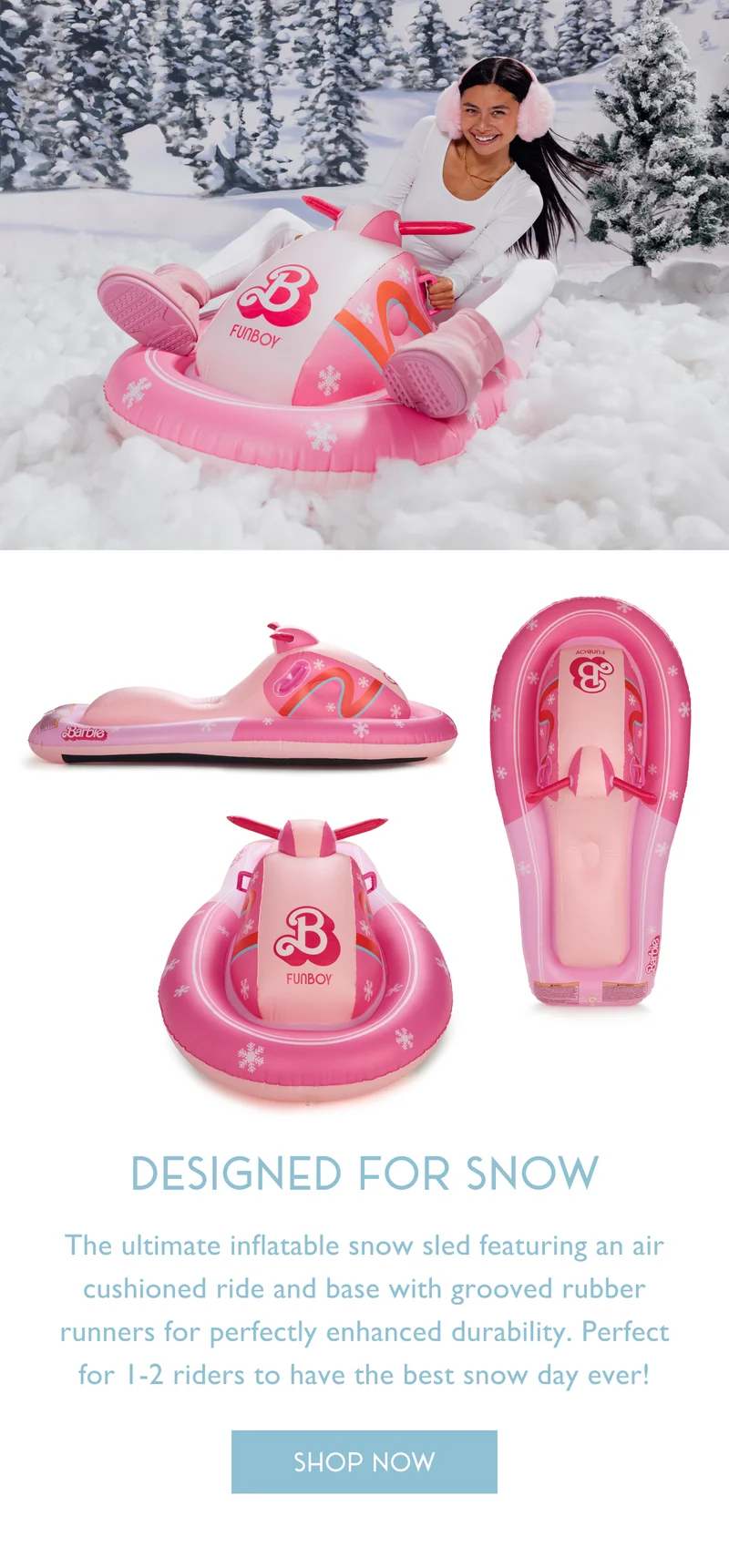 Designed For Snow | The ultimate inflatable snow sled featuring an air cushioned ride and base with grooved rubber runners for perfectly enhanced durability. Perfect for 1-2 riders to have the best snow day ever! | SHOP NOW