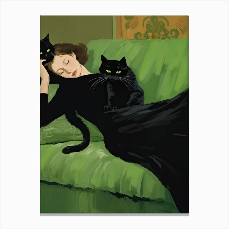 Image of Decadent Young Woman After The Dance With Cats Green Sofa Canvas Print