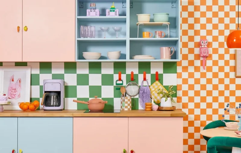 Kitchen featuring cabinets painted in Pop and Nairobi Blue