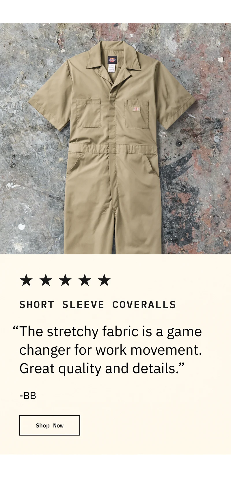 SHORT SLEEVE COVERALLS. "The stretchy fabric is a game changer for work movement. Great quality and details." - BB. Shop Now.