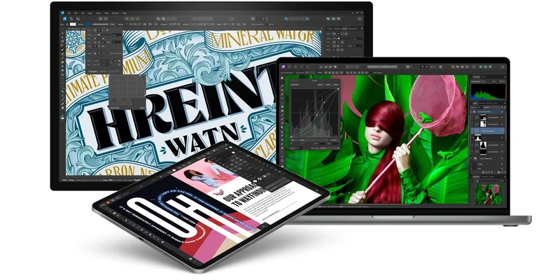 An image of an iPad, desktop, and Macbook running Affinity by Serif programs.