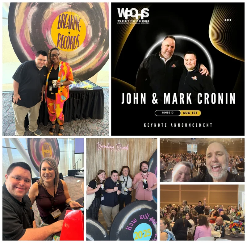 A collage of photos of John speaking at a conference in Boise