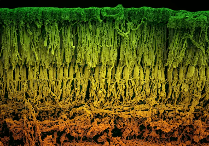 Retinitis pigmentosa is a rare visual disorder that affects a layer of tissue in the back of the eye known as the retina—shown here in a colored scanning electron micrograph. The light-detecting part of the retina is formed of rod and cone photoreceptor cells that are responsible for everything we see. The lower third of this image depicts the layer of blood vessels and nerves that light must penetrate to reach the tightly packed photoreceptors which lie just below a layer of retinal pigment epithelium cells.