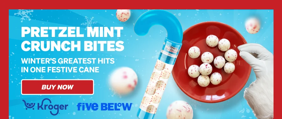 PRETZEL MINT CRUNCH BITES - WINTER’S GREATEST HITS IN ONE FESTIVE CANE! Available at Kroger & Five Below. Buy Now!