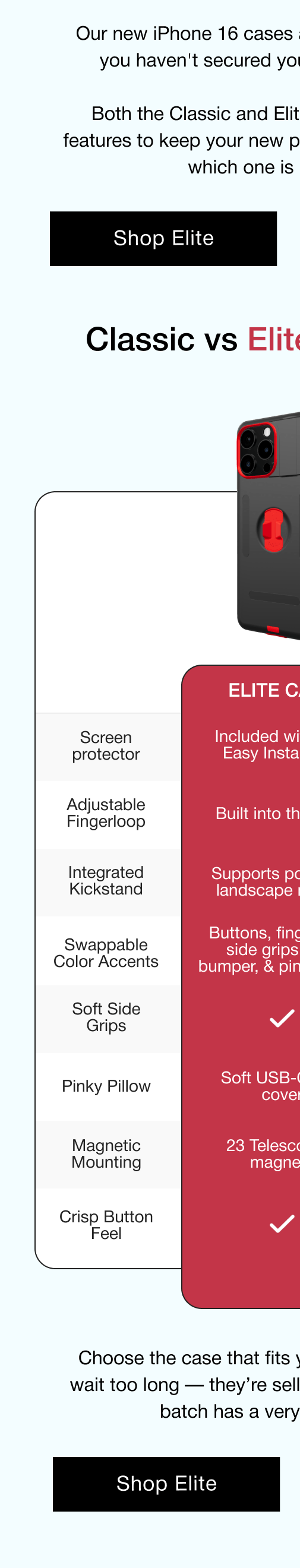 Elite Case: Screen protector Included with with Easy Install Tool Adjustable Fingerloop Built into the case Integrated Kickstand Supports portrait & landscape modes Swappable Color Accents Buttons, fingerloop, side grips, lens bumper, & pinky pillow Soft Side Grips Pinky Pillow Soft USB-C port cover Magnetic Mounting 23 Telescoping magnets Crisp Button Feel