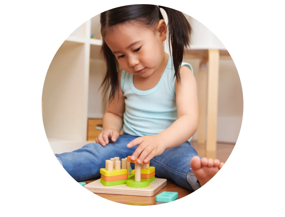 Use the Sort & Stack Peg Puzzle to help your child identify shapes through trial and error. As they play, they may start to perceive similarities and differences with their visual perception and spatial reasoning skills.