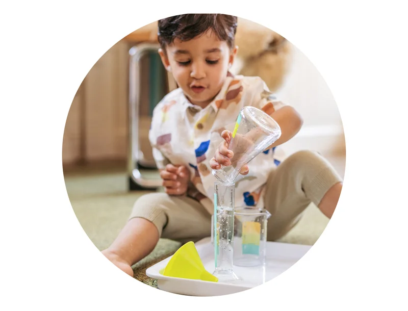 Introduce the concept of conservation—the idea that things stay the same when they change shape—with the Liquid Lab. This open-ended activity is a great way to introduce color blending and develop concentration skills.
