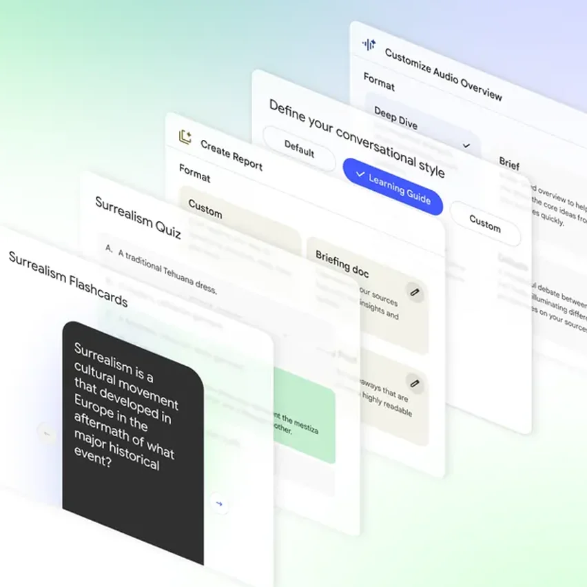Fanned-out white UI cards: a digital learning platform featuring flashcards, quizzes, and learning guides.