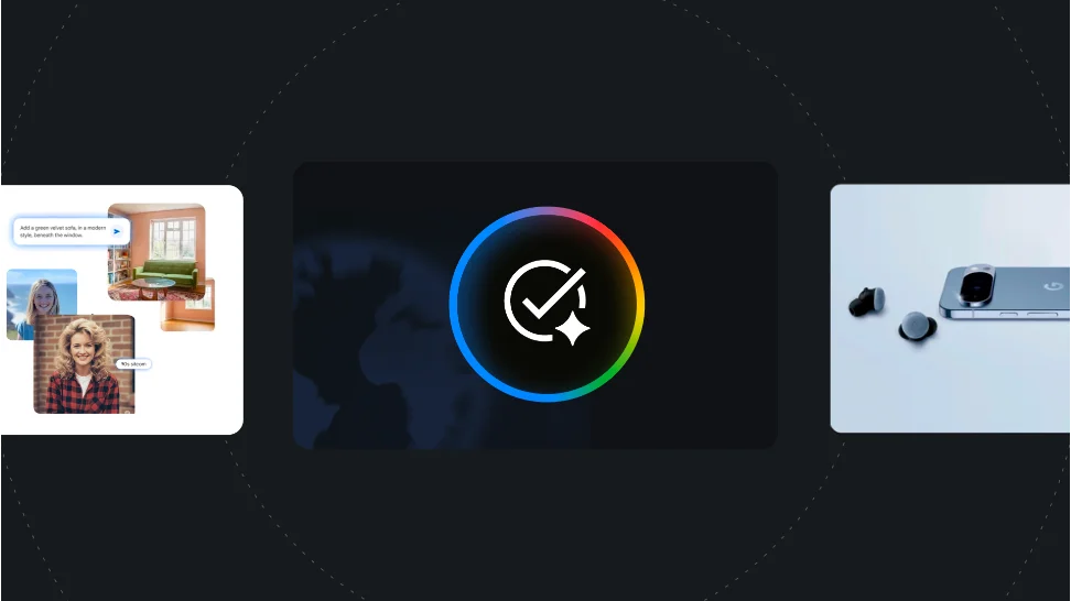 AI-generated images from text prompts, smiling faces, a rainbow checkmark, and a smartphone with earbuds.