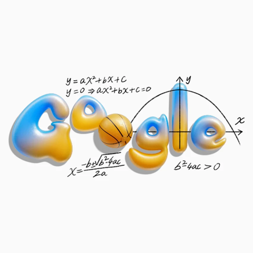 3D blue/yellow Google logo with a basketball replacing the second 'o', surrounded by handwritten quadratic equations, formula, and a parabola.