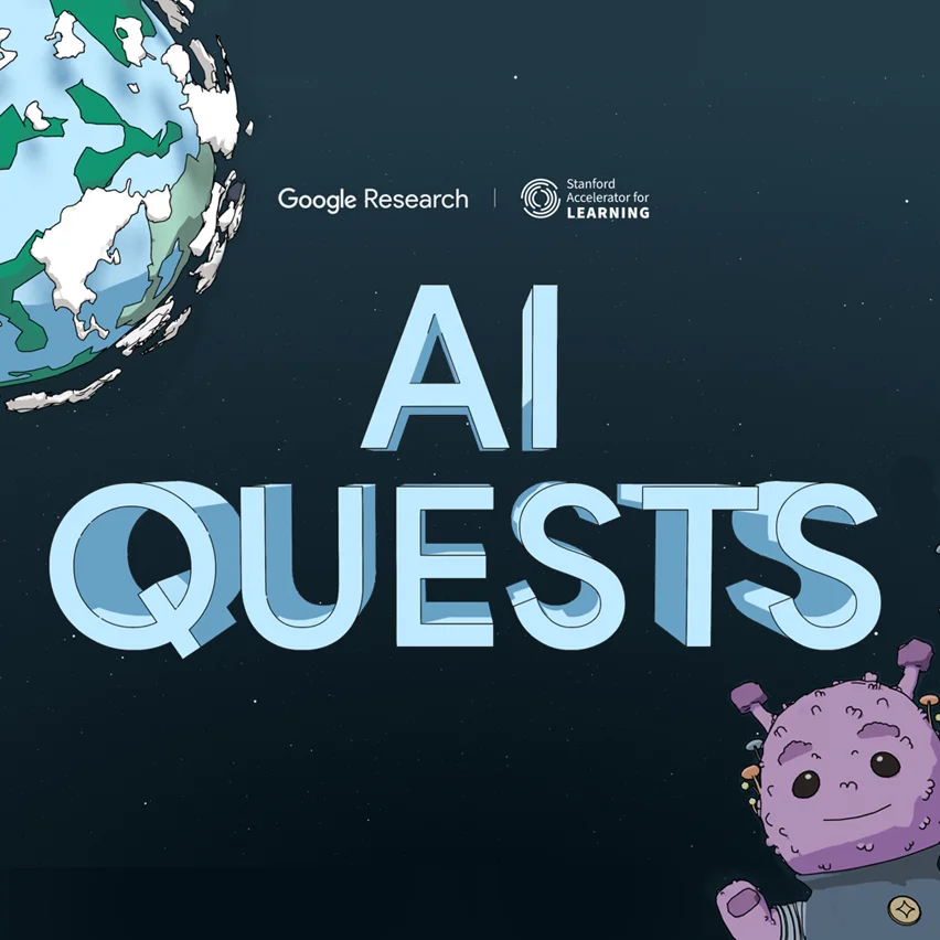 Large 'AI QUESTS' text, a friendly purple alien, and a cartoon globe in a starry sky.