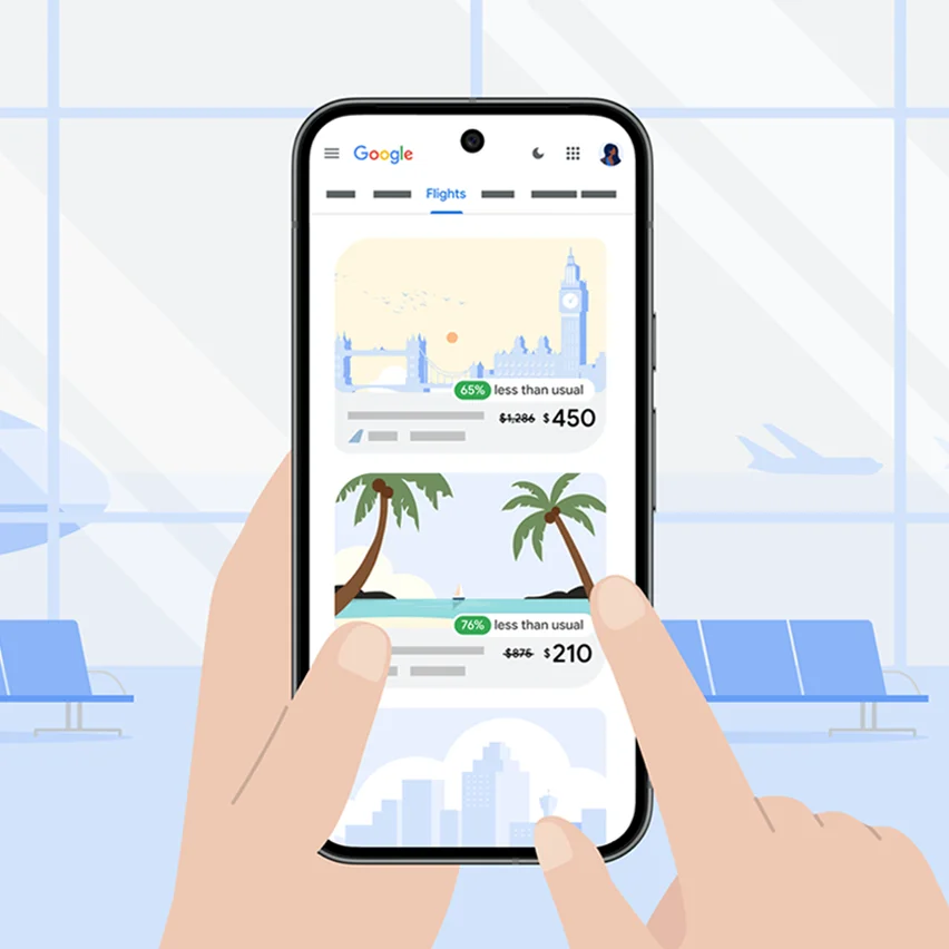 Hands hold smartphone showing Google Flights travel deals in an airport.