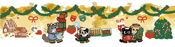 Images of cats shopping festive gifts in a holiday storefront