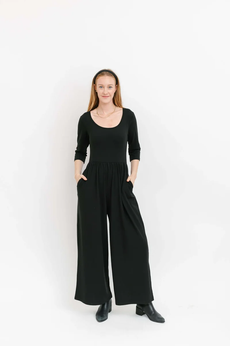 Image of Camille 3/4 Sleeve Wide Leg Romper in Midnight Black