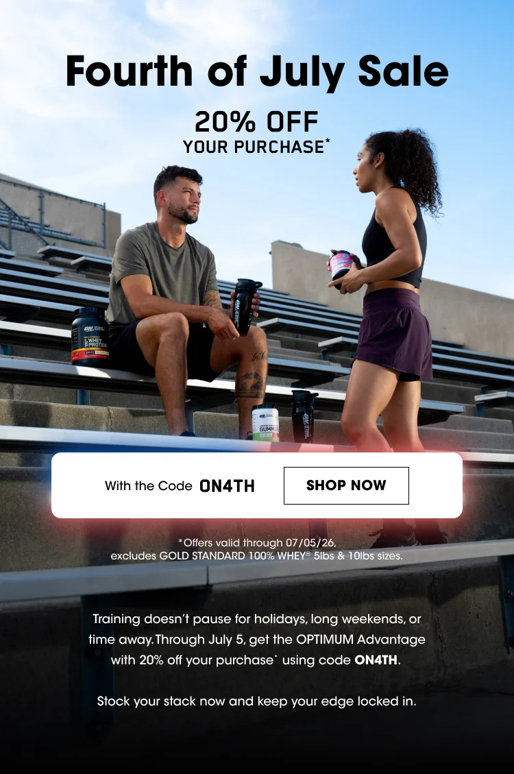 Fourth of July Sale β 20% Off Your Purchase Training doesnβt pause for holidays, long weekends, or time away. Through July 5, get the OPTIMUM Advantage with 20% off your purchase using code ON4TH. Stock your stack now and keep your edge locked in.