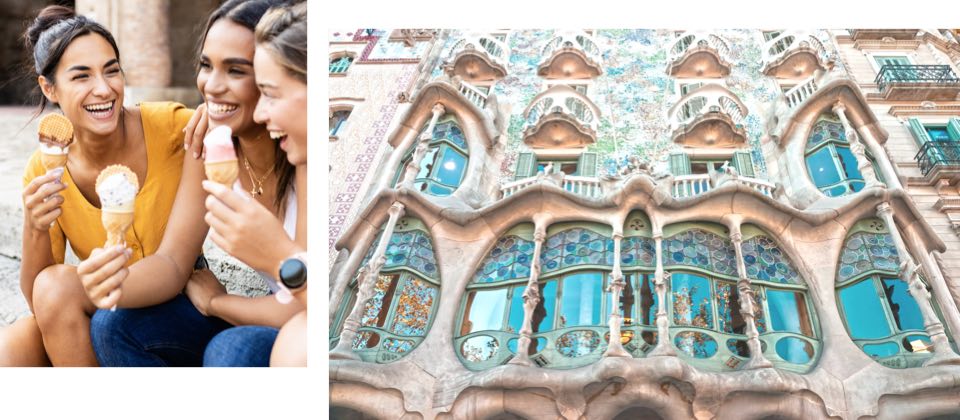 Left: A group of friends enjoying ice cream. Right: The colorful walls of Casa Batlló.