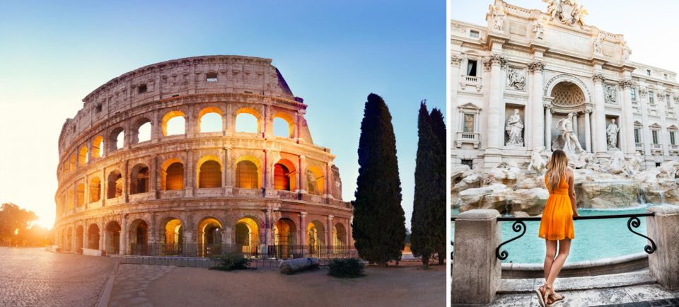 Left: The Colosseum by morning. Right: A Lady watching the Trevi Fountain.