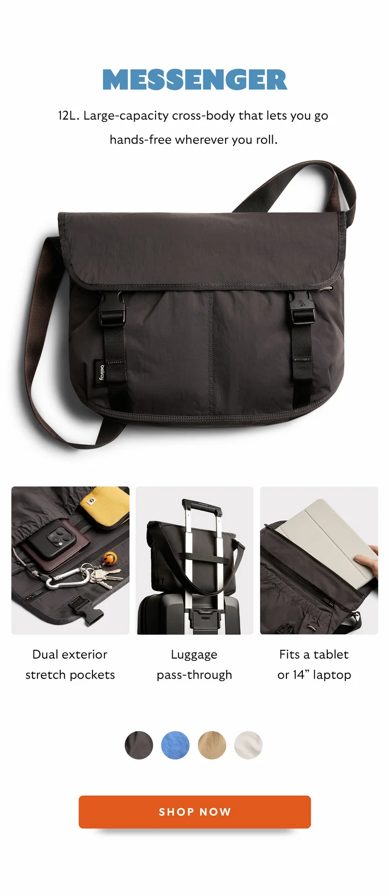 Cinch Messenger  12L. Large-capacity cross-body that lets you go hands-free wherever you roll.