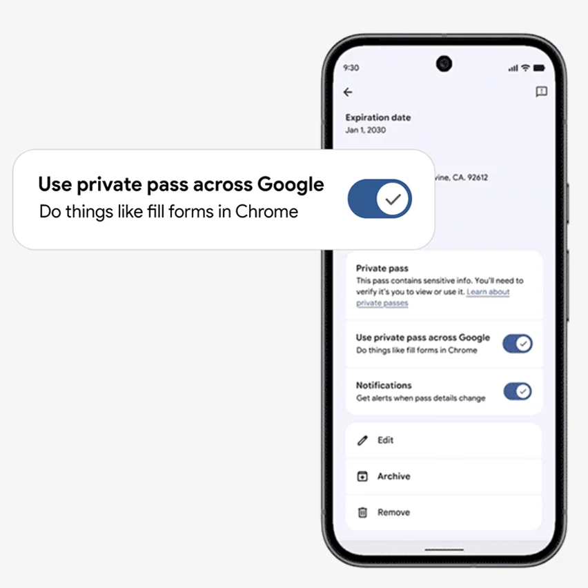 Smartphone screen showing the 'Use private pass across Google' setting toggled on.