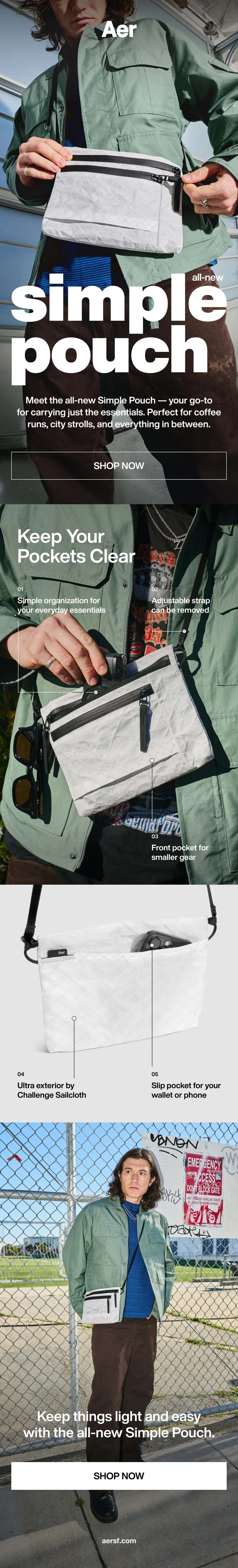 Detailed feature images of the Aer Simple Pouch