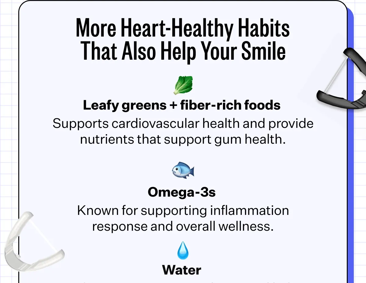 More Heart-Healthy Habits That Also Help Your Smile | 🥬 Leafy greens + fiber-rich foods - Supports cardiovascular health and provide nutrients that support gum health. | 🐟 Omega-3s - Known for supporting inflammation response and overall wellness.
