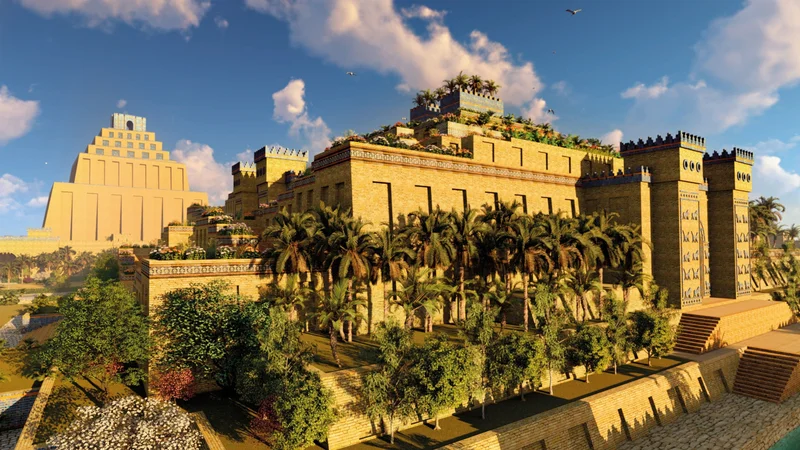 With its terracing crammed with trees and vegetation, this artistic imagining of Babylon’s Hanging Gardens takes inspiration from the writings of various classical authors. Later theories proposed that the gardens ascended the tiers of the Etemenanki ziggurat, seen in the background. Most modern historians, however, consider that to have been structurally unfeasible.