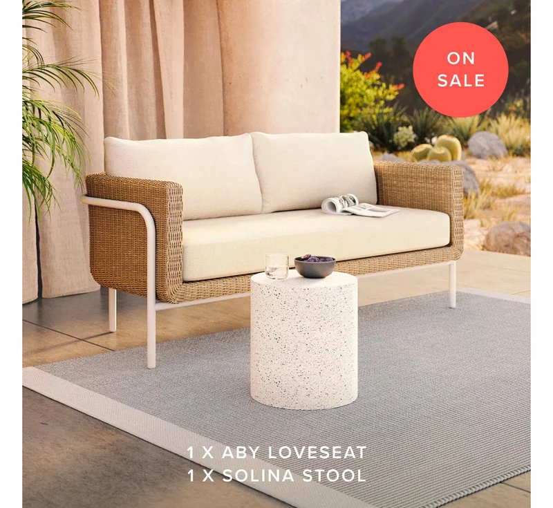 Stain Resistant cushions, molded concrete stool you can just wipe down, one pristine pair. On Sale Now.