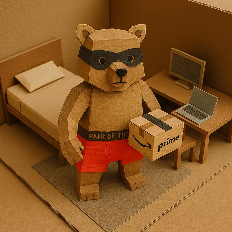 Pair of Thieves bear with an Amazon Prime delivery box.
