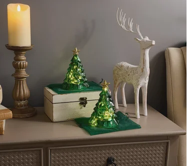 Mr. Christmas (2) 6" Twinkling Glass Nostalgic Trees with Gift Bags