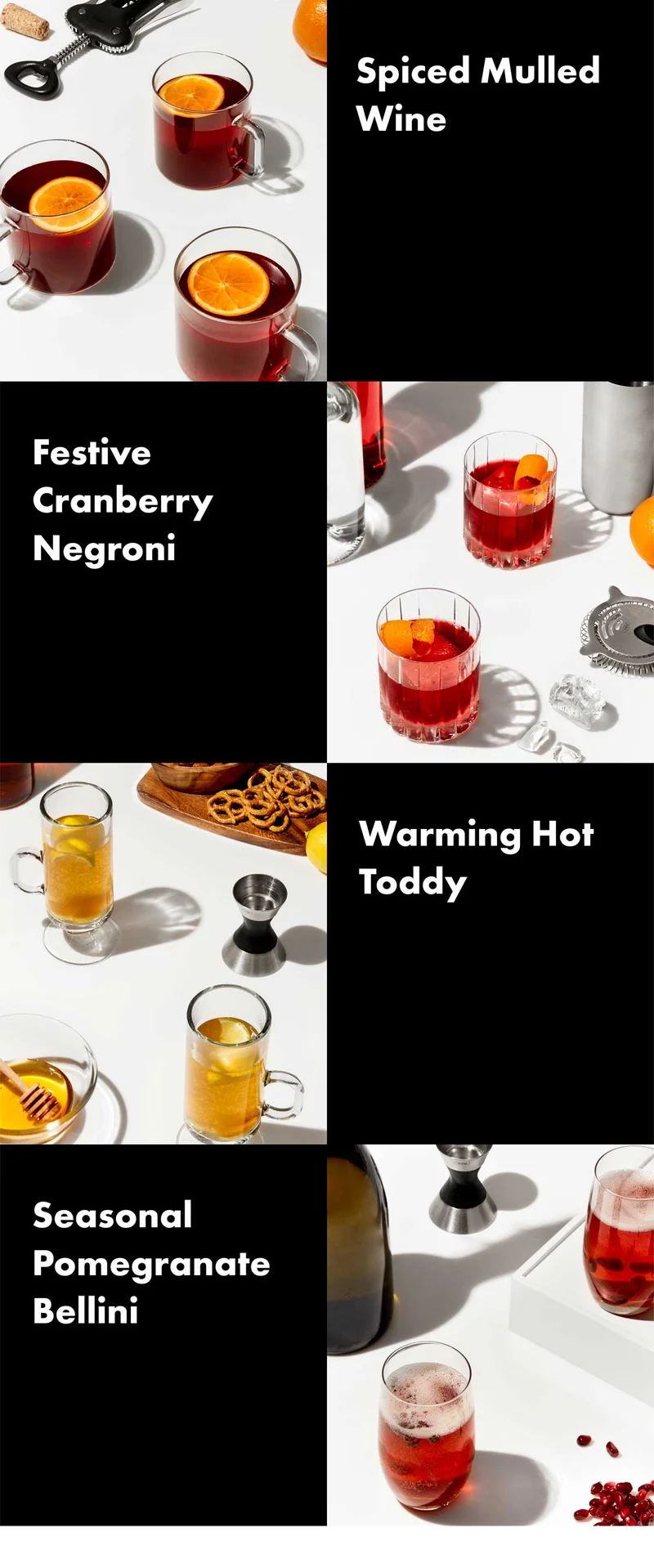 Spiced Mulled Wine, Festive Cranberry Negroni, Warming Hot Toddy, Seasonal Pomegranate Bellini