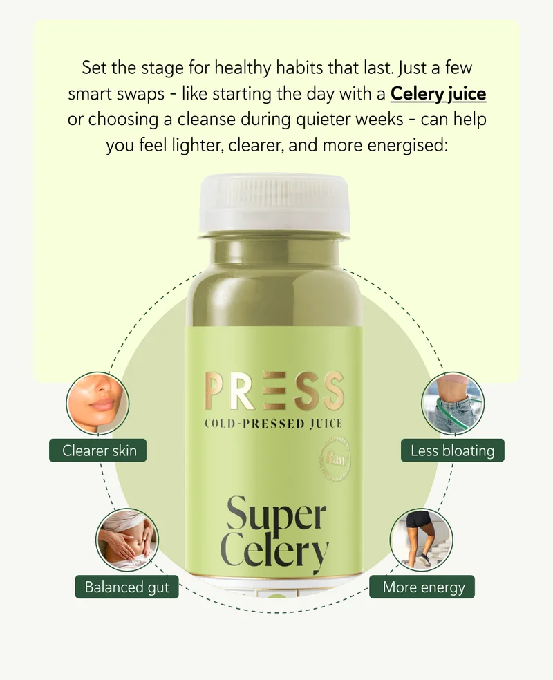 Set the stage for healthy habits that last. Just a few smart swaps – like starting the day with a Celery juice or choosing a cleanse during quieter weeks – can help you feel lighter, clearer, and more energised: ✔️ Less bloating ✔️ Clearer skin ✔️ More energy ✔️ A calmer, more balanced gut