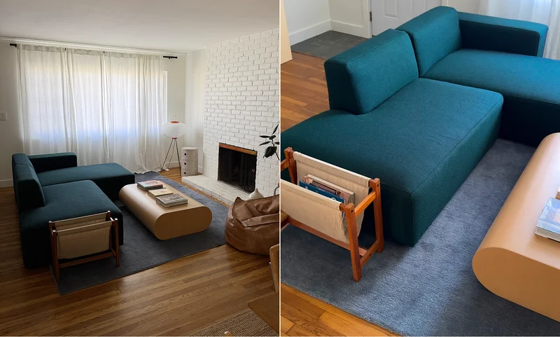Pictured: The Form Sectional (Two-Seater) in Sisu (Green/Blue)