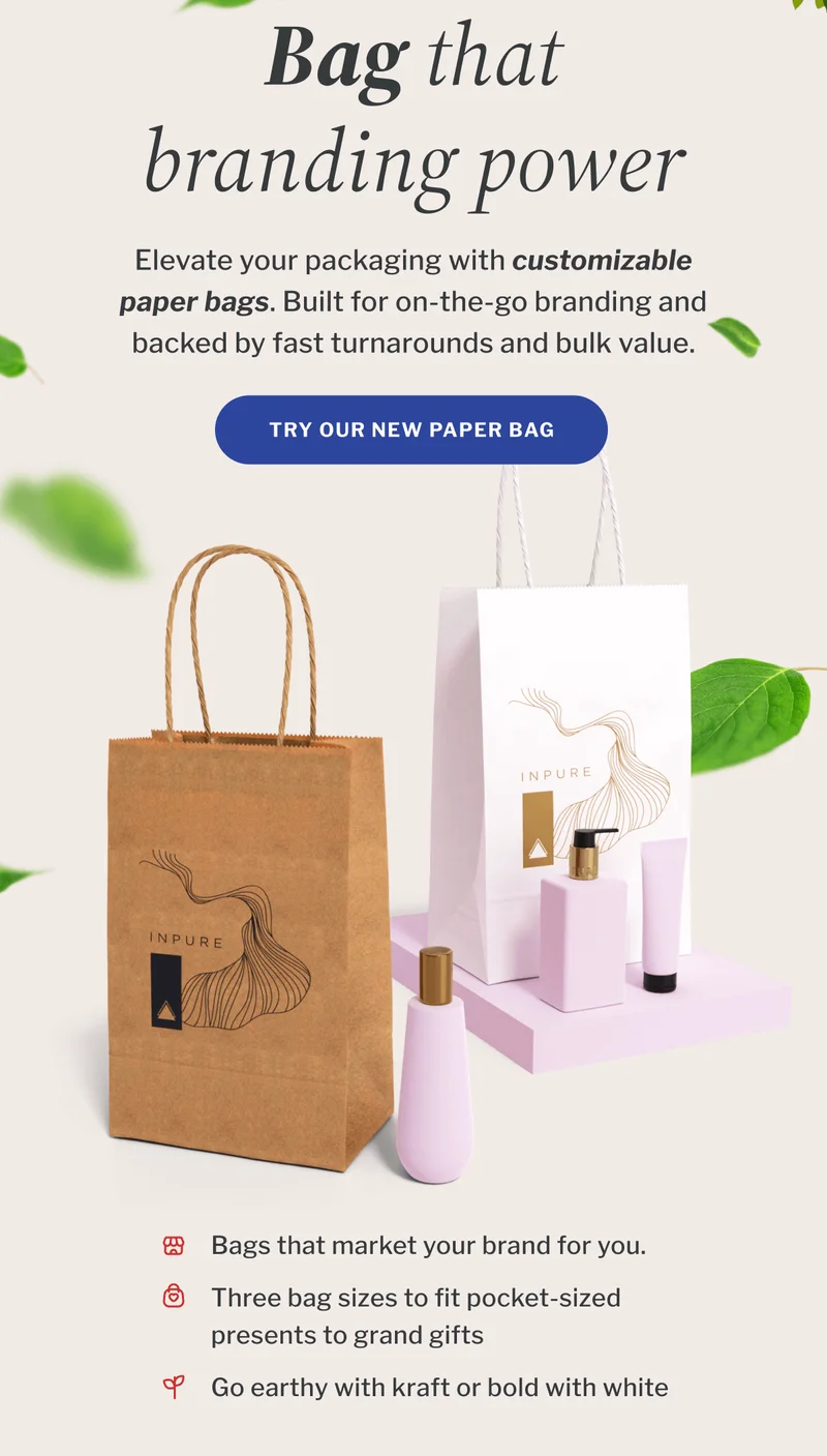 Bag that branding power | Elevate your packaging with customizable paper bags. Built for on-the-go branding and backed by fast turnarounds and bulk value. | Try our new paper bag