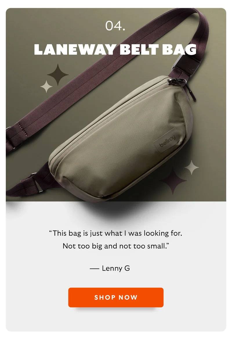 Laneway Belt Bag “This bag is just what I was looking for. Not too big and not too small.” – Lenny G. (5-star Amazon review)