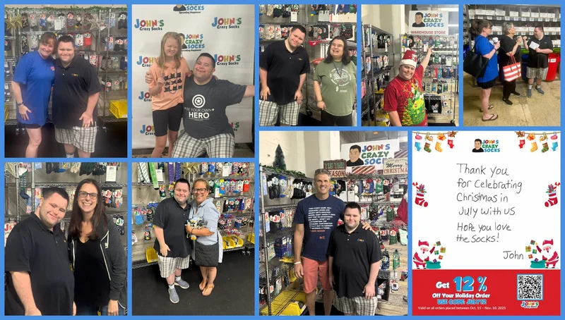 Collage of photos of John with customers in our warehouse store during our Christmas in July sale