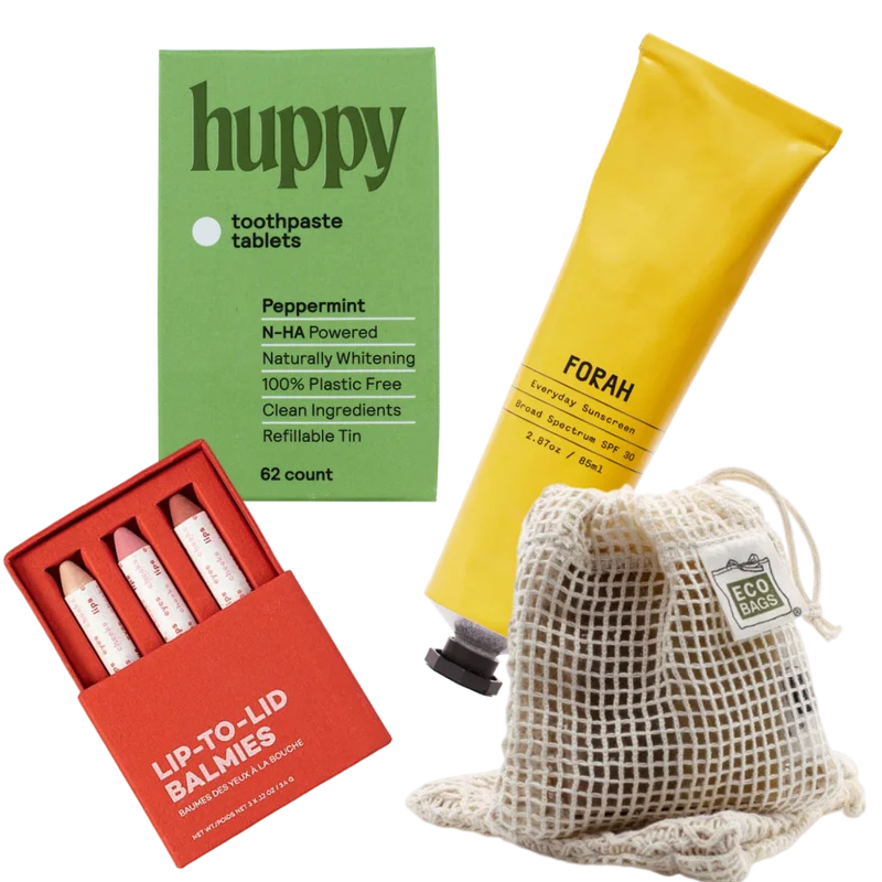 A collection of products made by our friend brands like spf and a soap bag