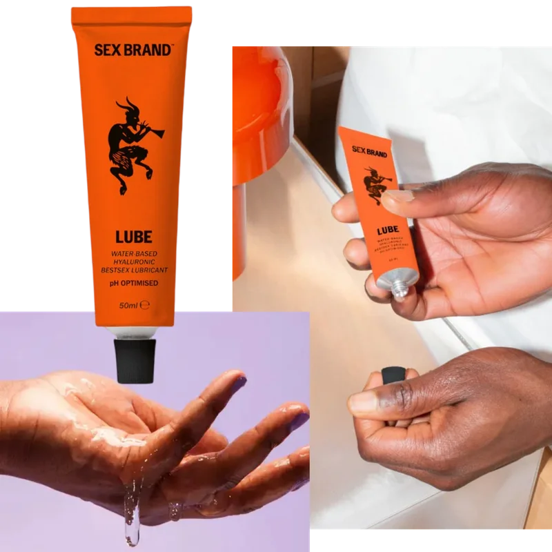 A collage of images that show the viscous lube dripping from a hand, two hands opening a tube, and a red tube.