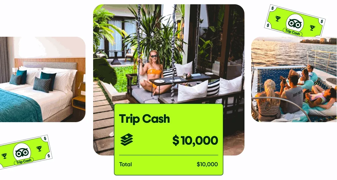 Image Description: Gif shows rotating images of a woman in a bathing suit sitting at a table outside a villa, a group of people enjoying a sunset boat ride, and a modern hotel room. Trip Cash money graphics rain down and a large wallet graphic shows $10,000 in Trip Cash.