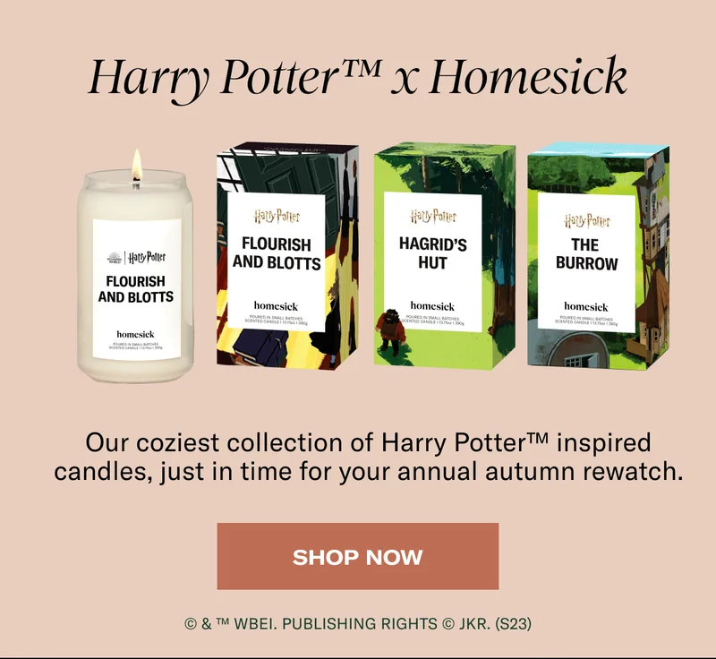 Harry Potter™ x Homesick | Our coziest collection of Harry Potter™ inspired candles, just in time for your annual autumn rewatch. | Shop Now | © & ™ WBEI. Publishing Rights © JKR. (s23)