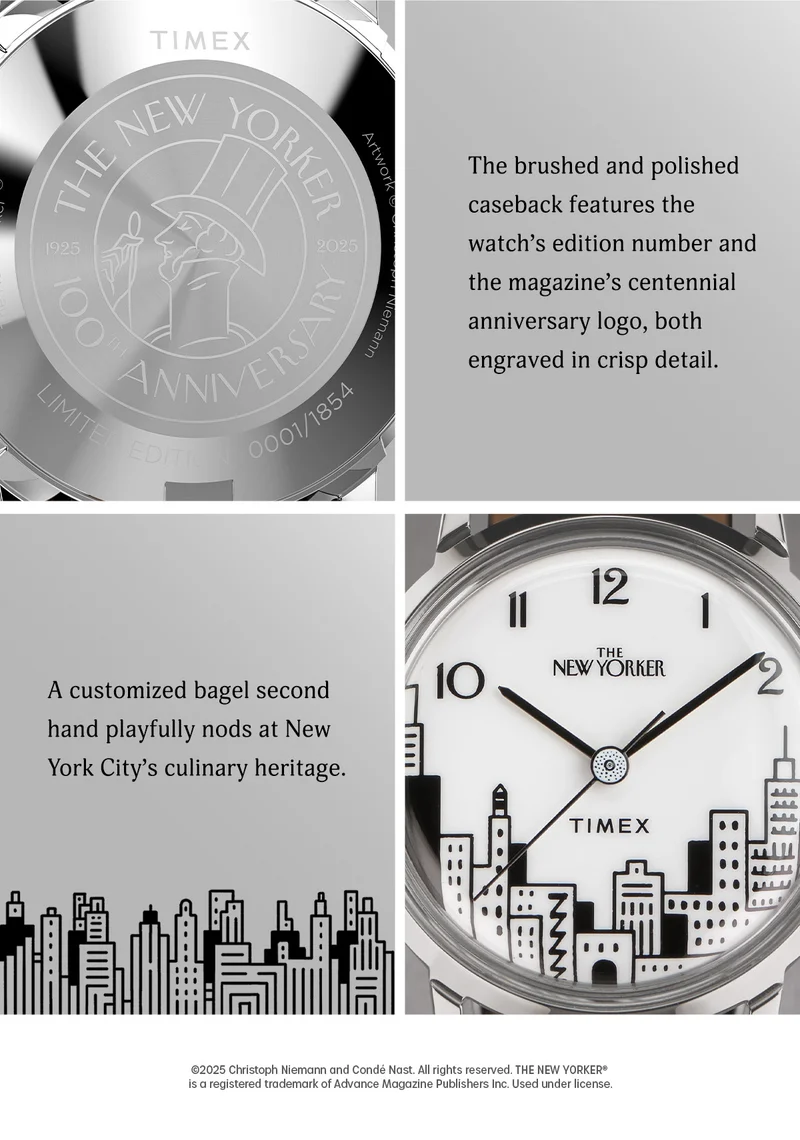 The brushed and polished caseback features the watch's edition number and the magazine's centennial anniversary logo, booth engraved in crisp detail. | A customized bagel second hand playfully nods at New York's culinary heritage.