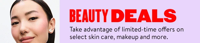 Beauty Deals; closeup of a model smiling.
