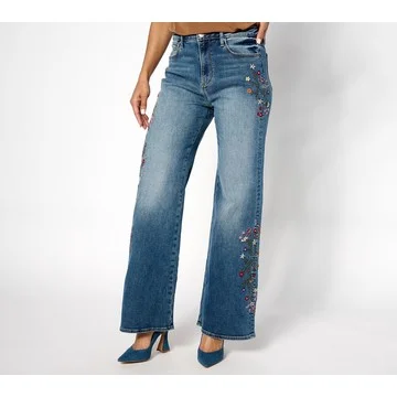 Driftwood Charlee Wide Leg Embroidered Jean - Strawberry