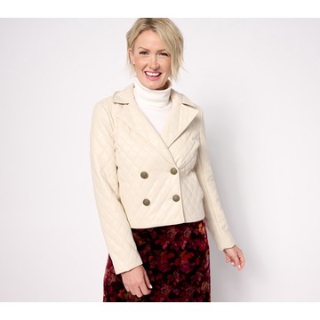 GRAVER Susan Graver Quilted Faux Leather Double Breasted Cropped Jacket