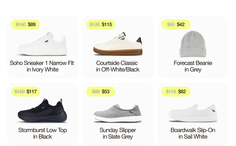 Soho Sneaker 1 Narrow Fit in Ivory White. Courtside Classic in Off-White/Black. Forecast Beanie in Grey. Stormburst Low Top in Black. Sunday Slipper in Slate Grey. Boardwalk Slip-On in Sail White.