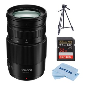 LUMIX G Vario 100-300mm f/4.0-5.6 II Lens for Micro Four Thirds, Bundle with Slik U8800L 3-Section Aluminum Tripod with Hybrid 3-Way Pan Head, 32GB SDHC Memory Card, Cleaning Cloth